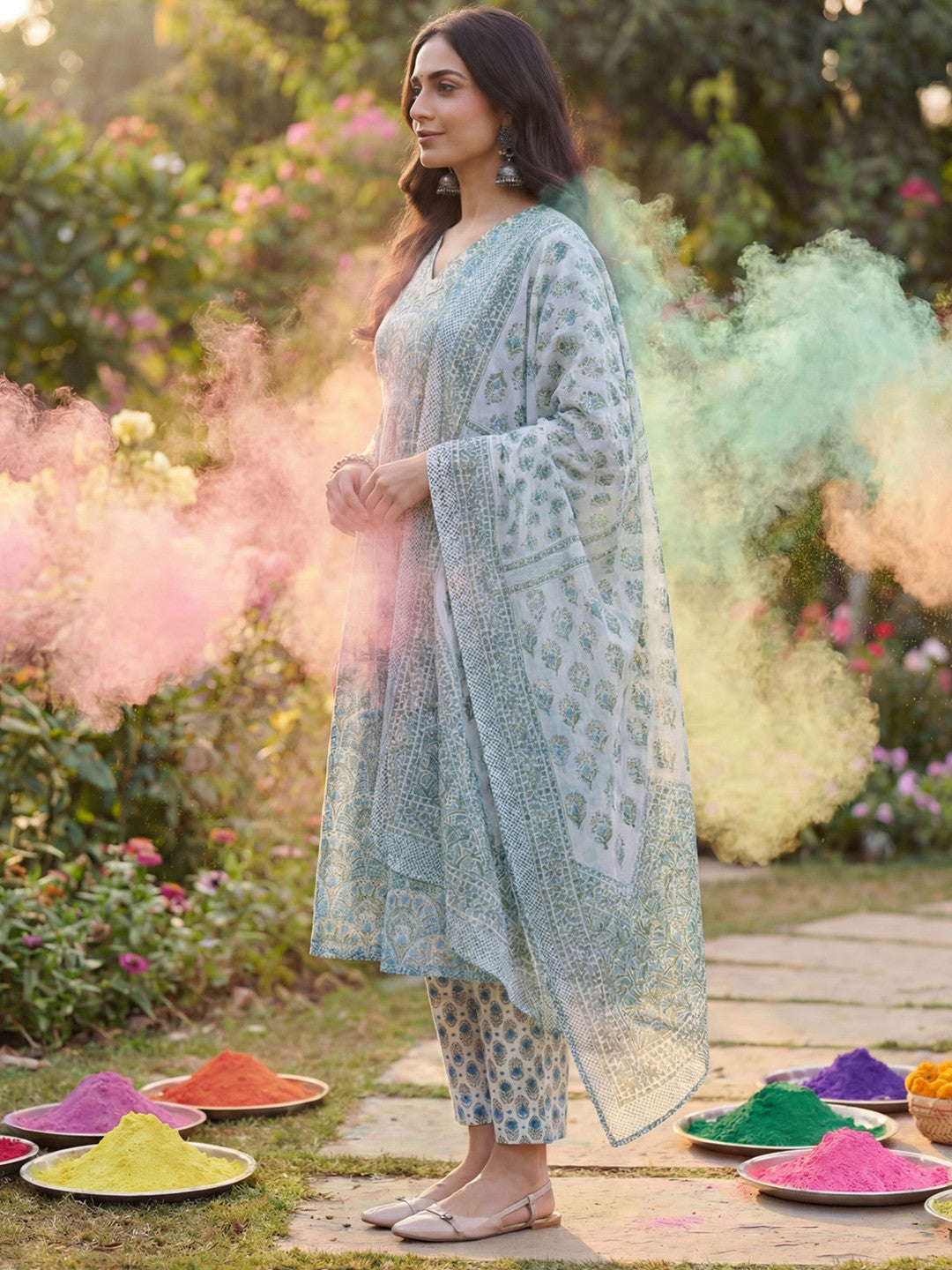 Women Ethnic Motifs Printed Regular Pure Cotton Kurta with Trousers & With Dupatta