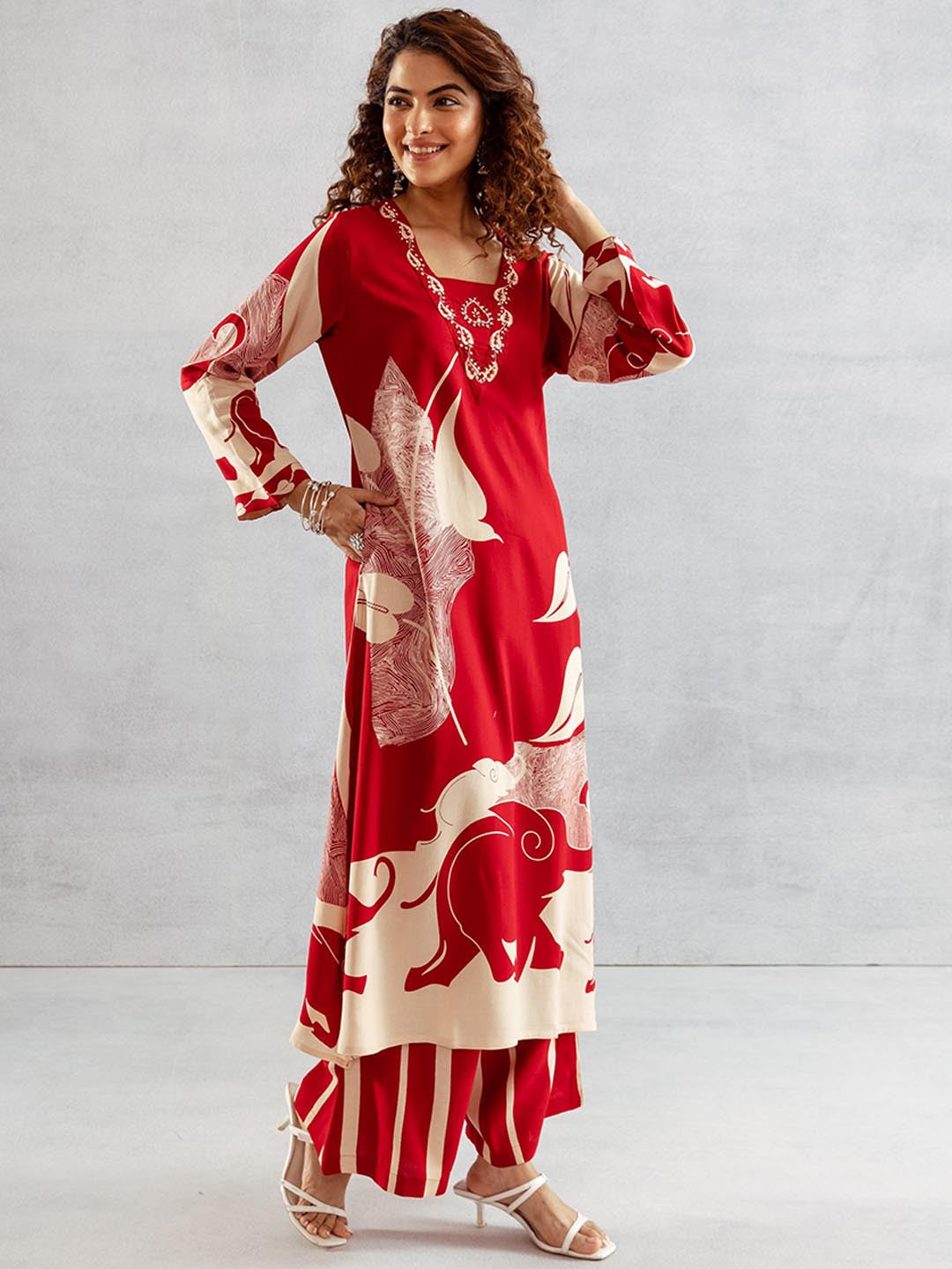 Printed With Embroidered Kurta With Palazzos