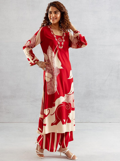 Printed With Embroidered Kurta With Palazzos