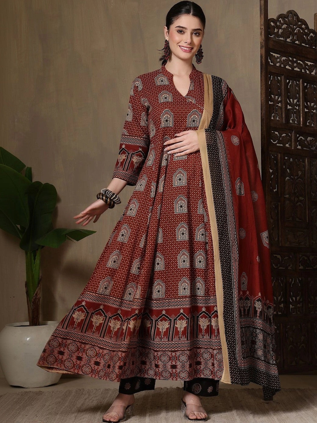 Dhiyona SN Women Ethnic Motifs Printed Regular Pure Cotton Kurta with Trousers & With Dupatta