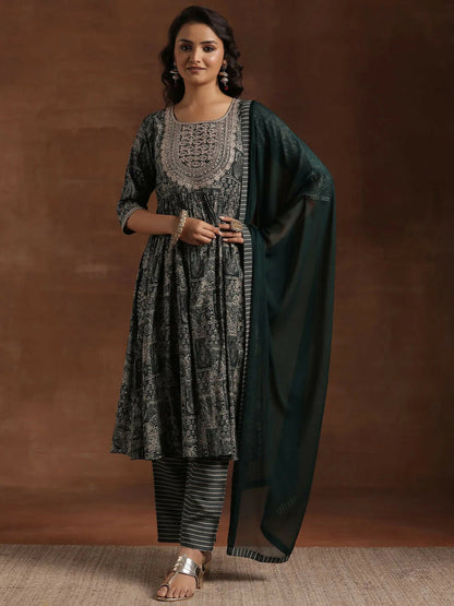 Women's LB Green Printed Silk Blend A-Line Kurta With Trousers & Dupatta