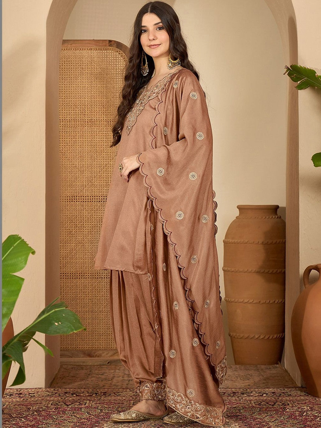 Embroidered V-Neck Kurta & Dhoti Pants With Dupatta