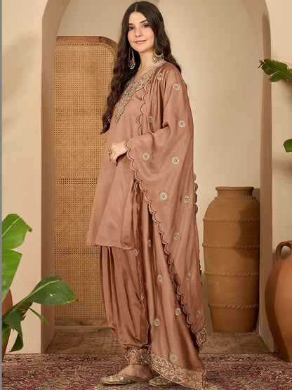 Embroidered V-Neck Kurta & Dhoti Pants With Dupatta