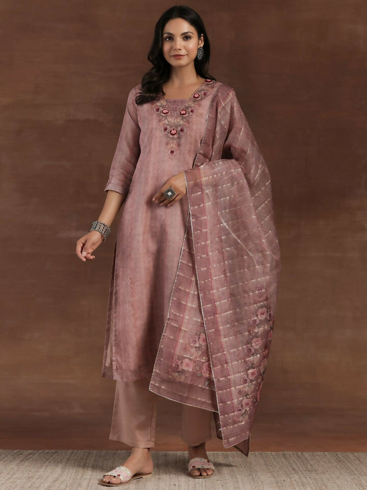 Women's LB Pink Printed Organza Straight Suit With Dupatta