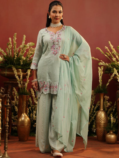 Dhiyona SC Women Embroidered Sea Green Mul Chanderi Embroidered Sharara Set