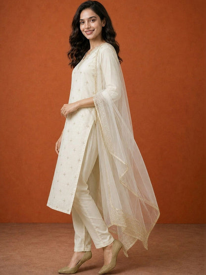 Women Ethnic Motifs Embroidered Regular Kurta with Trousers & With Dupatta