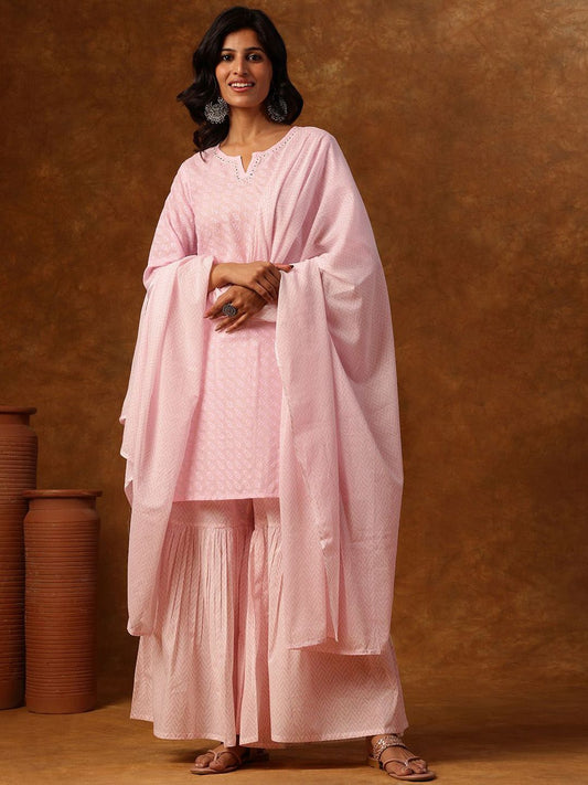 Dhiyona AN Embroidered Thread Work Notch Neck Straight Kurta With Sharara & Dupatta