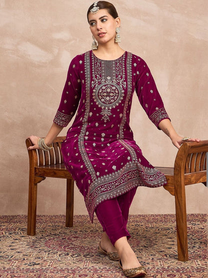 Purple Women Ethnic Motifs Embroidered Regular Thread Work Velvet Kurta with Trousers