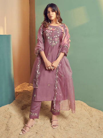 Women's Lavender Embroidered Straight Kurta Trousers With Dupatta Set