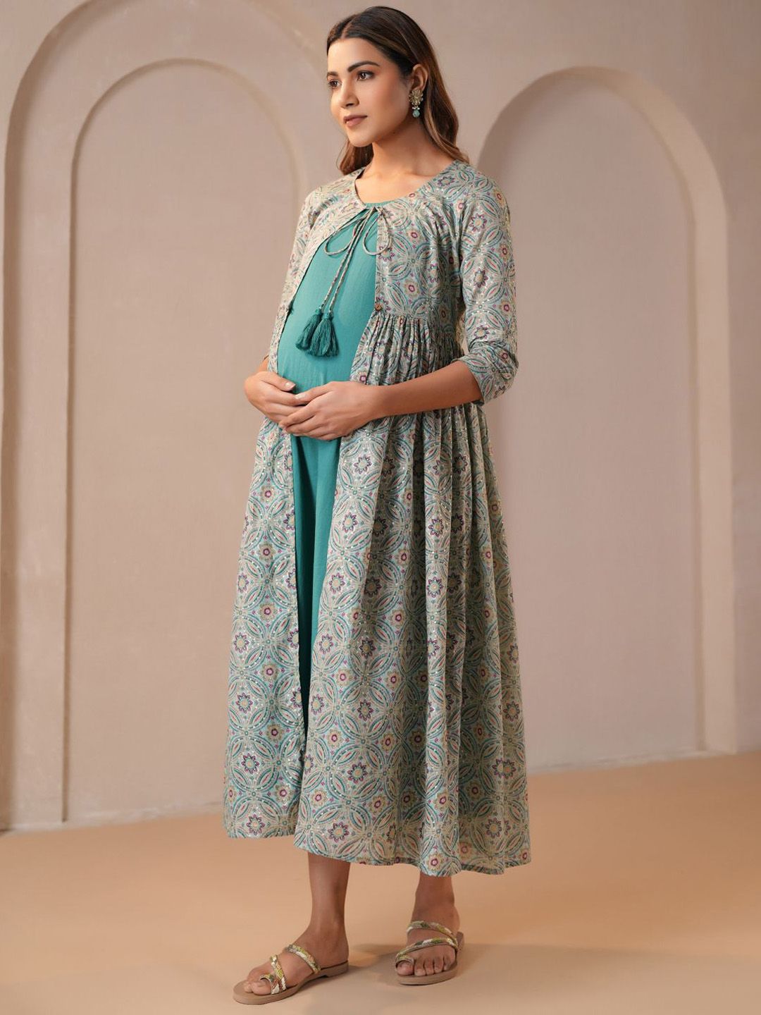 Dhiyona AY Women's Printed Fit & Flared Maternity Ethnic Dresses With Jacket