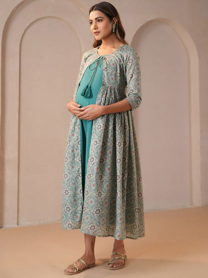 Dhiyona AY Women's Printed Fit & Flared Maternity Ethnic Dresses With Jacket