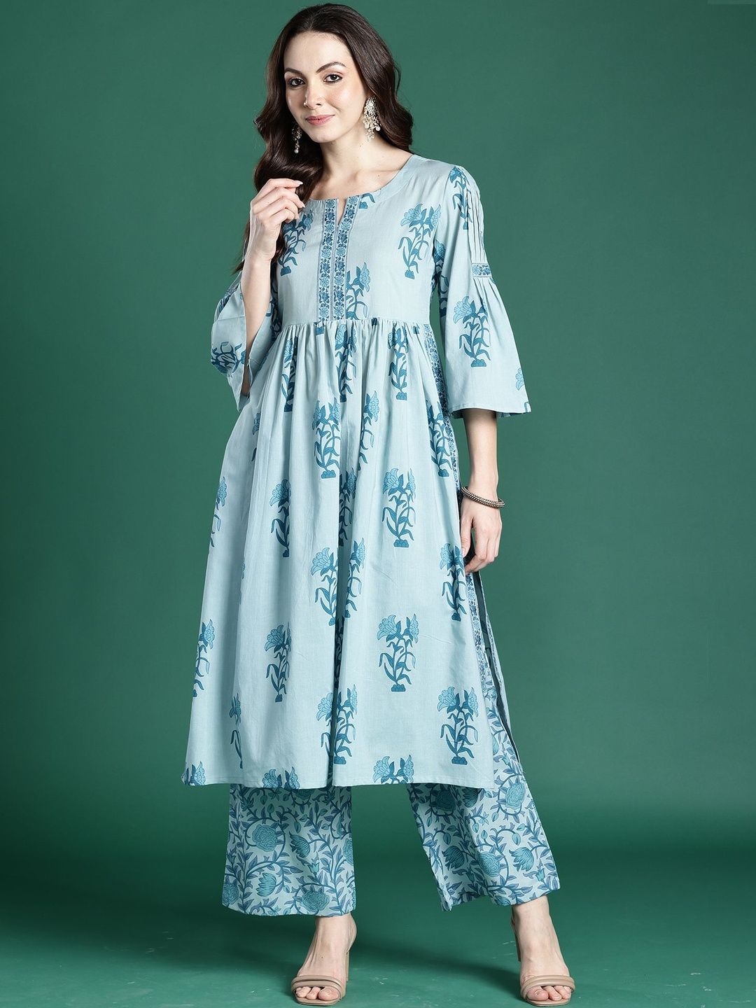 Dhiyona IE Women Floral Printed Empire Thread Work Pure Cotton Kurta with Palazzos