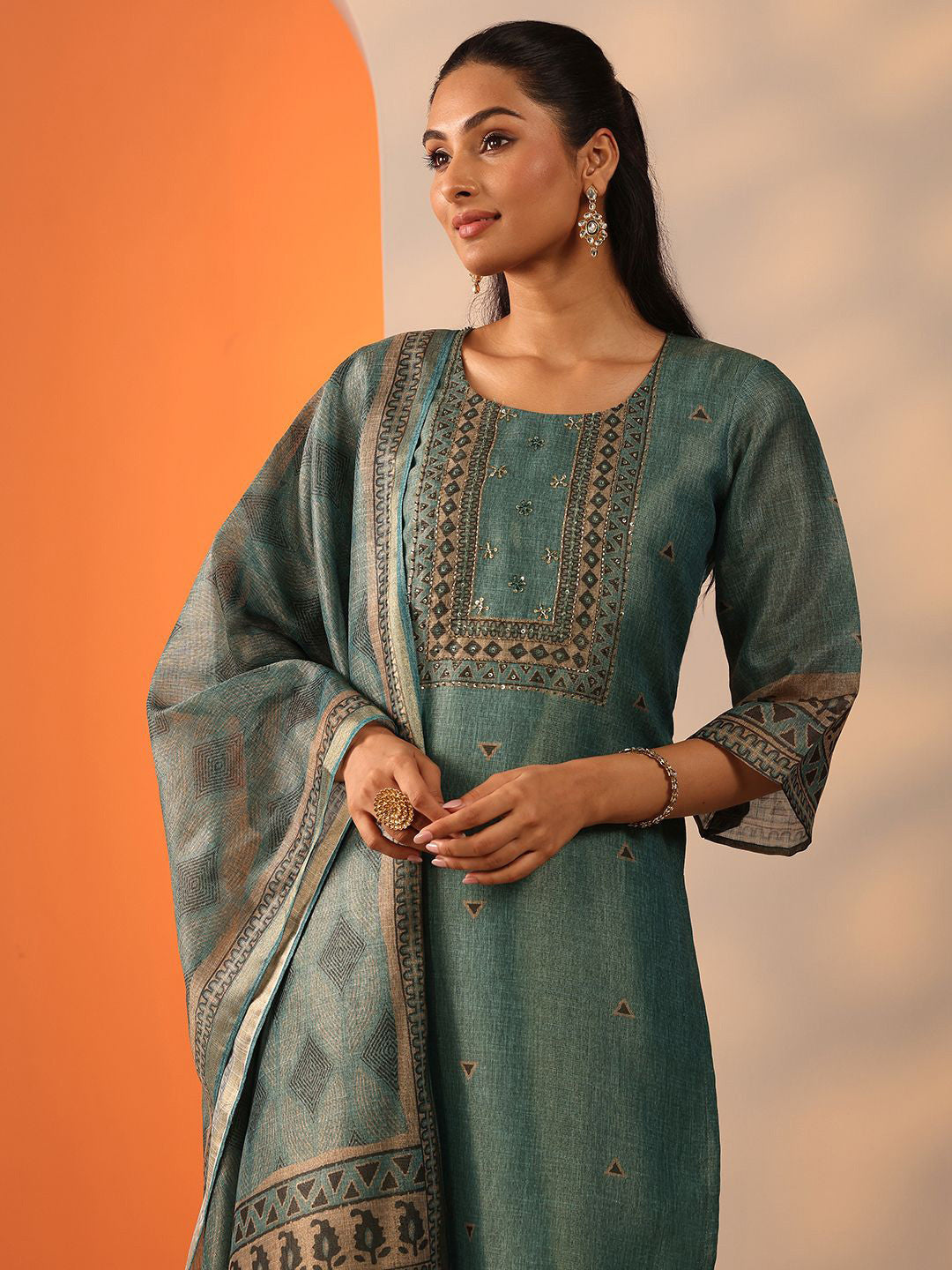 Geometric Embroidered Sequinned Straight Kurta With Trousers And Dupatta
