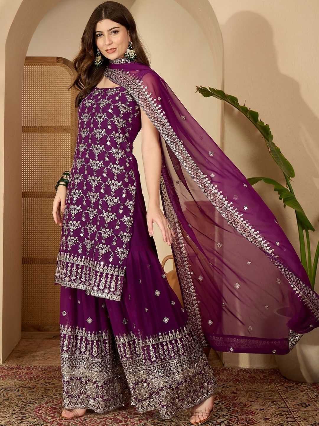 Dhiyona SN Ethnic Motifs Embroidered Sequinned Straight Kurta with Sharara & Dupatta