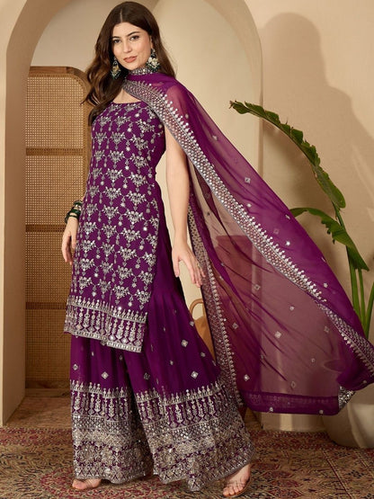 Dhiyona SN Ethnic Motifs Embroidered Sequinned Straight Kurta with Sharara & Dupatta