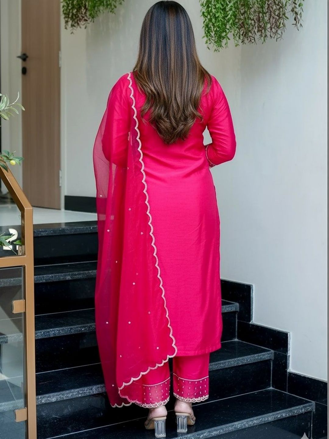 Dhiyona KL Women Ethnic Motifs Embroidered Regular Thread Work Chanderi Silk Kurta with Palazzos & With Dupatta