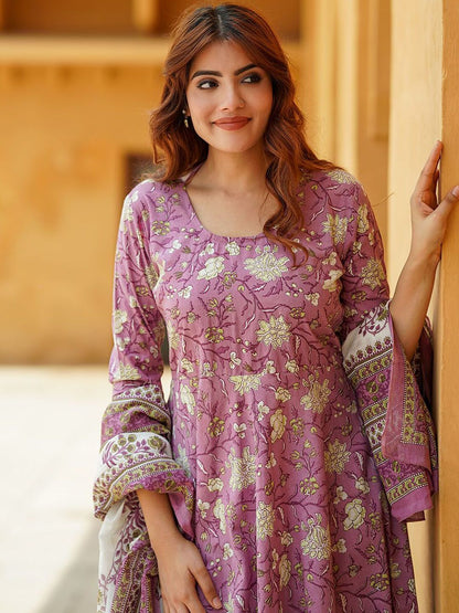 Dhiyona KL Floral Printed Regular Pure Cotton Anarkali Kurta with Trousers & Dupatta