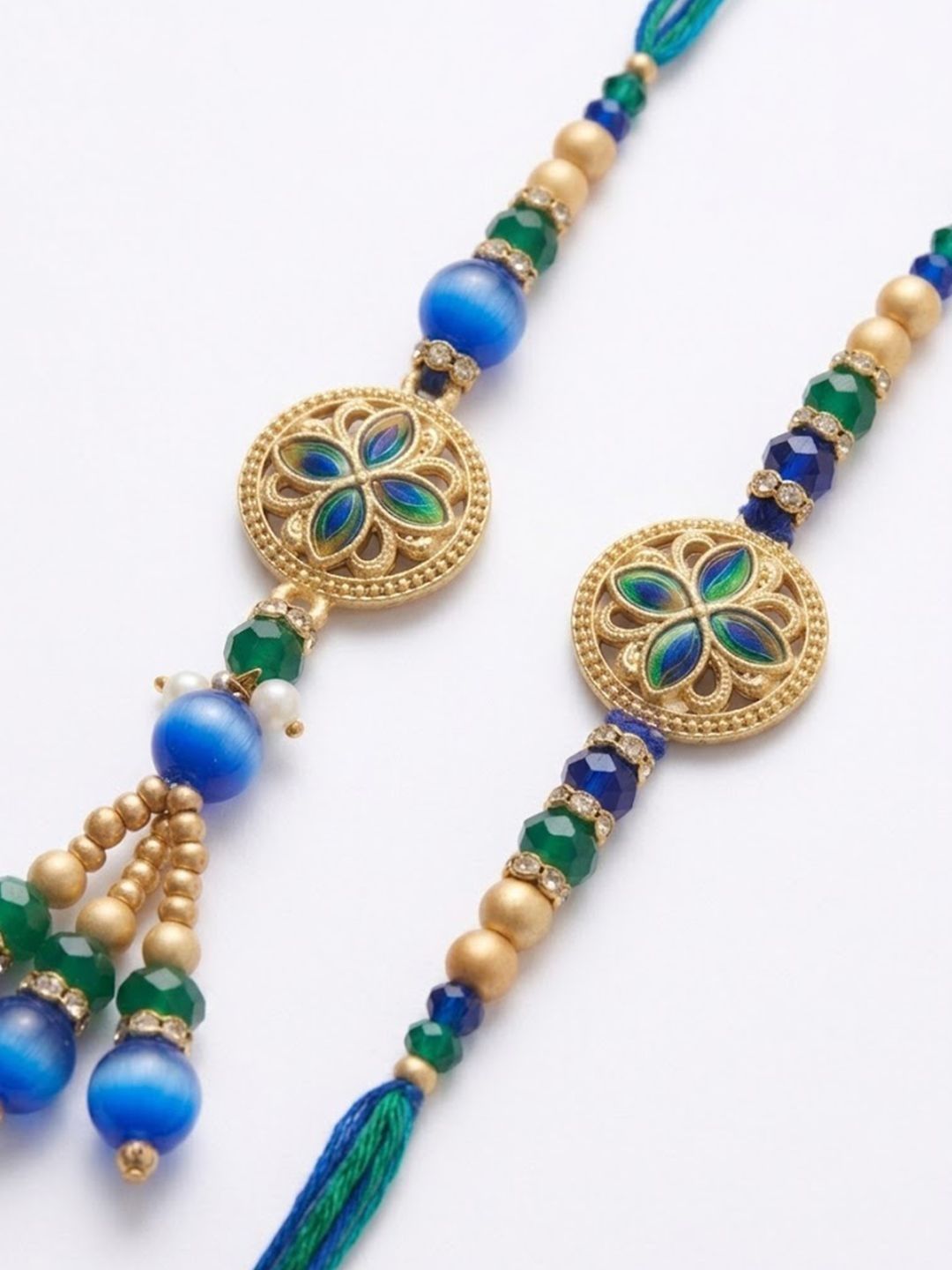 Dhiyona Set Of 2 Blue Artificial Beads Morpankh Style Bhaiya Bhabhi Rakhi With Roli Chawal
