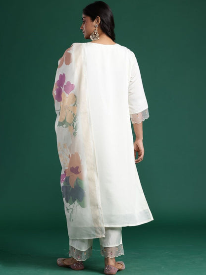 Dhiyona Women's Floral Embroidered Regular Mirror Work Kurta with Trousers & With Dupatta