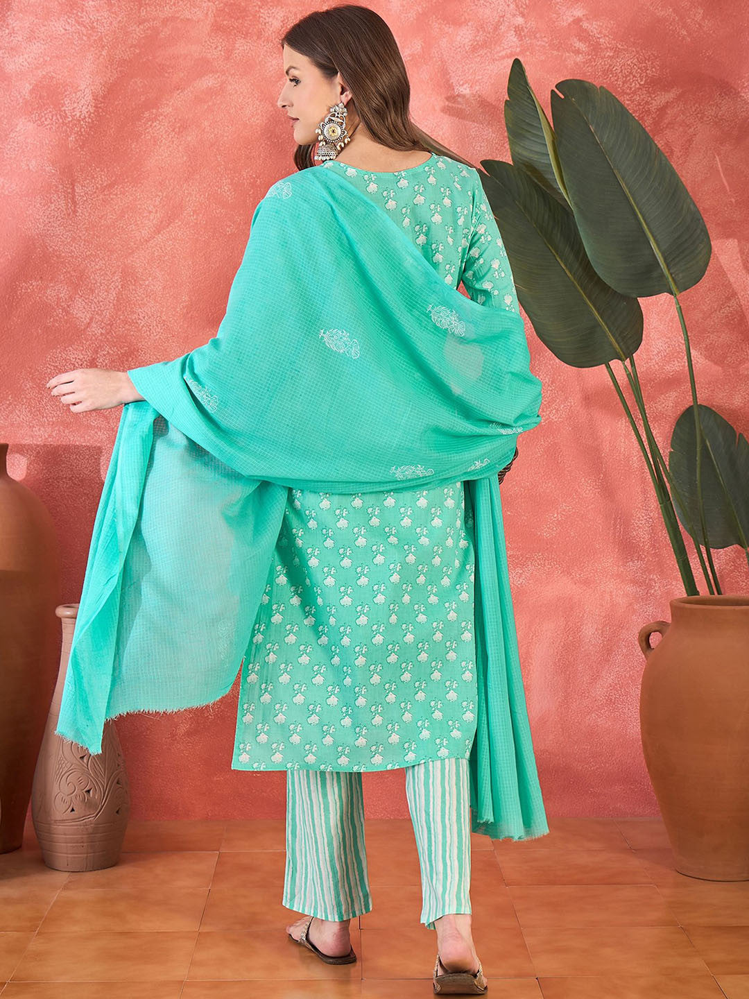 Floral Printed V-Neck Mirror Work Pure Cotton Straight Kurta & Trouser & Dupatta