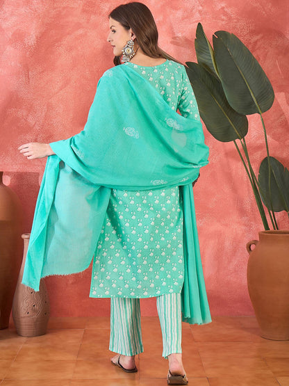 Floral Printed V-Neck Mirror Work Pure Cotton Straight Kurta & Trouser & Dupatta