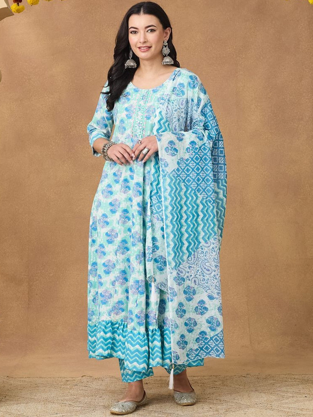 Women Floral Printed Miror Embroided Neck Anarkali Kurta Set With Tasseled Dupatta