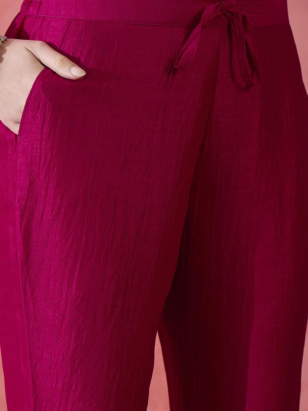 Pink Floral Embroidered Round Neck Straight Kurta With Trousers And Dupatta