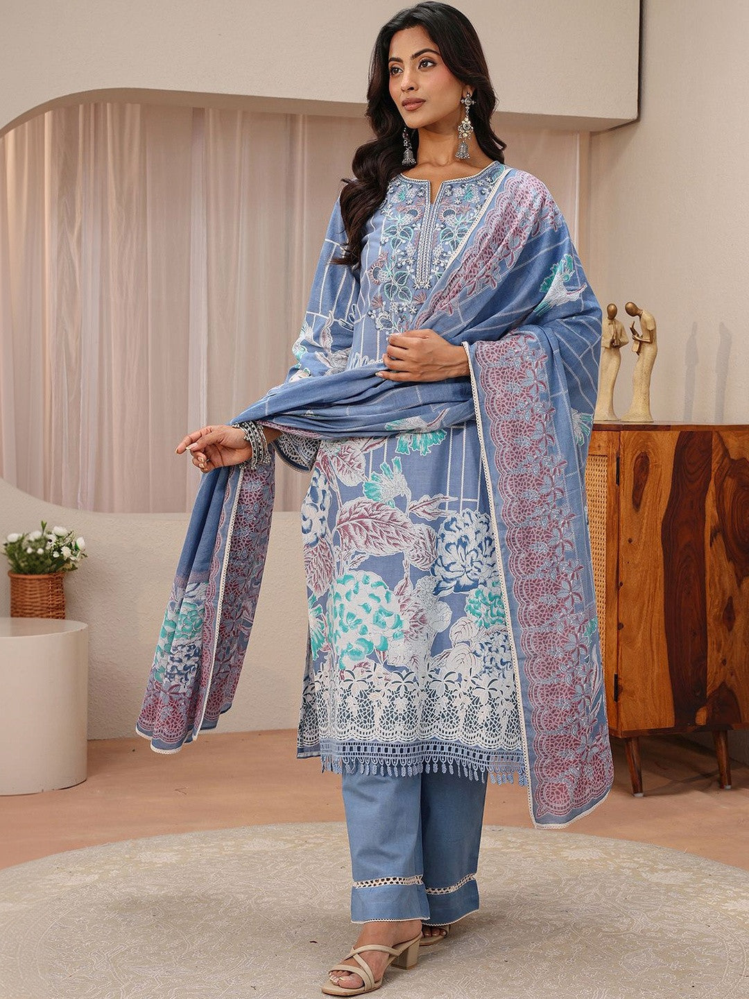 Blue Floral Printed Cotton Straight Suit Set