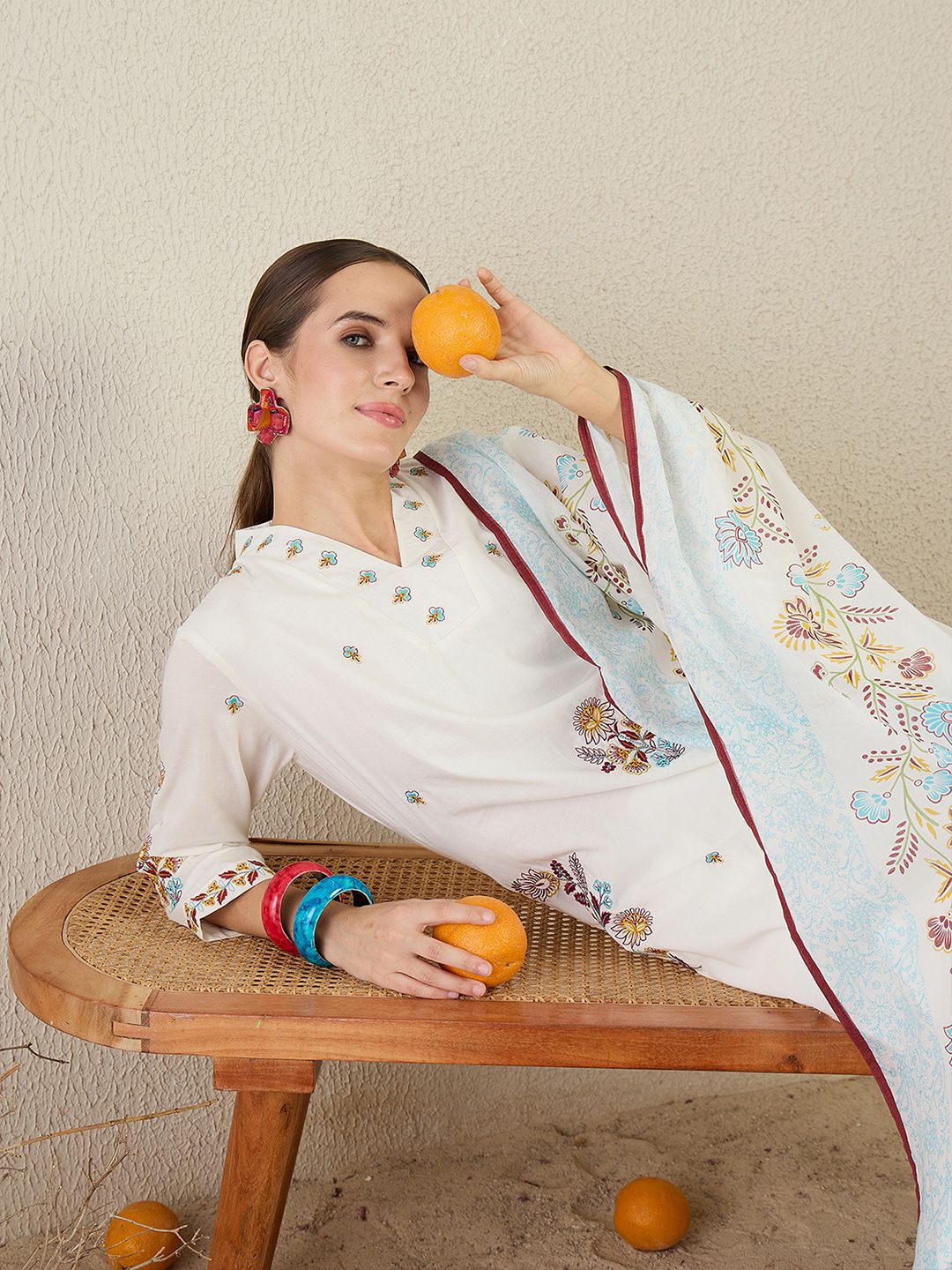 Dhiyona IE Women Floral Embroidered Pure Cotton Kurta with Trousers & Dupatta