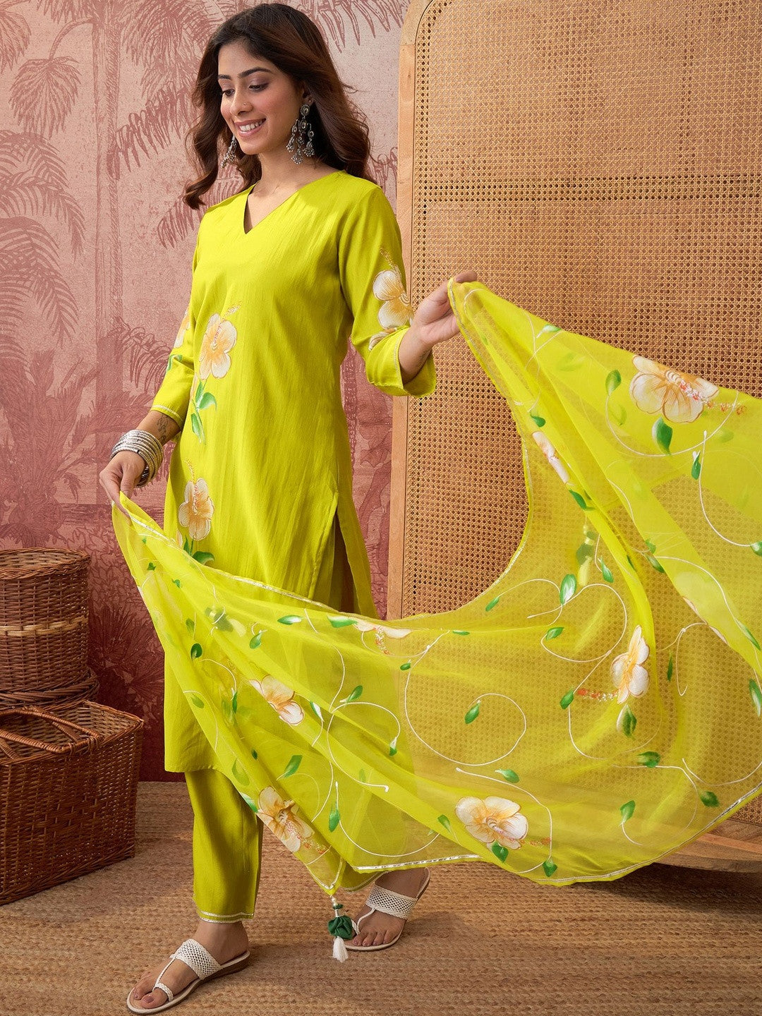Hand block Printed V-Neck Kurta & Trousers With Dupatta