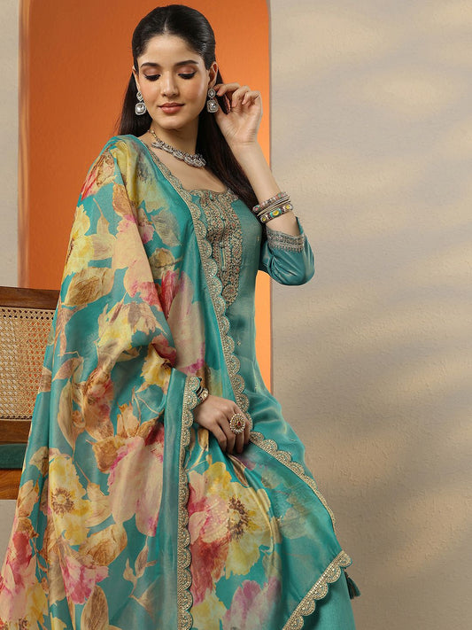 Dhiyona LL Women Floral Embroidered Regular Thread Work Kurta with Palazzos & With Dupatta