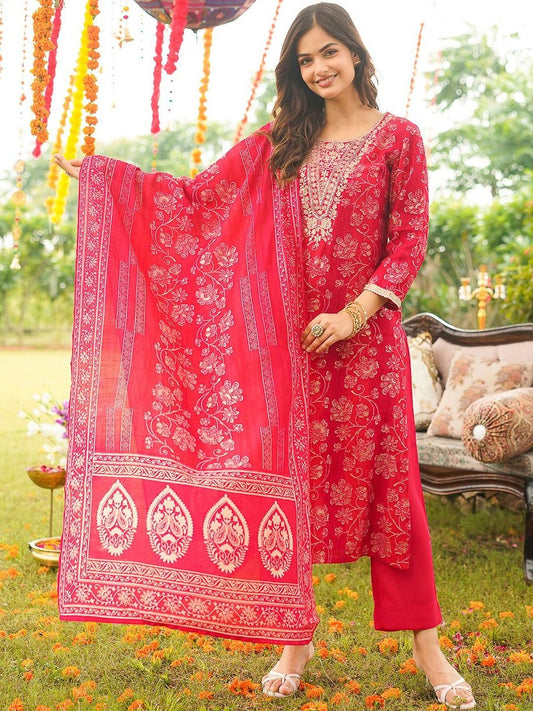 Dhiyona KL Ethnic Motifs Printed Round Neck Kurta with Trousers & Dupatta