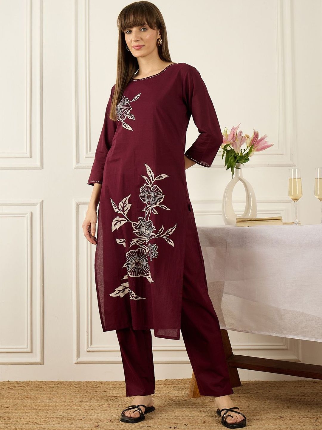 Dhiyona IE Printed Round Neck Three-Quarter Sleeves Pure Cotton Top With Trousers