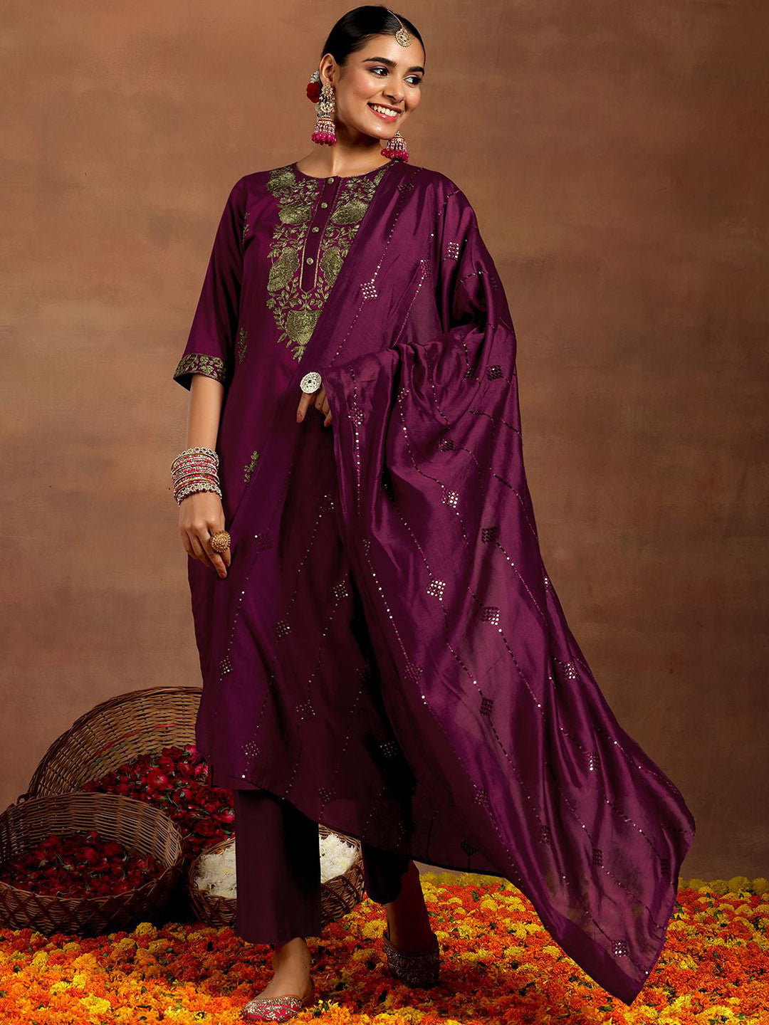 Floral Embroidered Thread Work Straight Kurta With Trousers & Dupatta