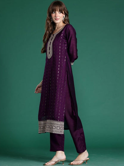 Women Ethnic Motifs Embroidered Regular Sequinned Kurta with Trousers & With Dupatta