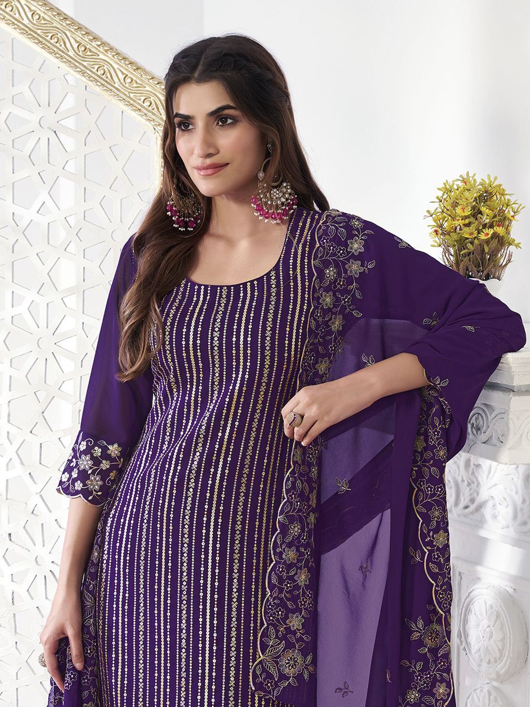 Dhiyona IN Women Floral Thread Sequinned Embroidered Kurta, Palazzos & Dupatta Set