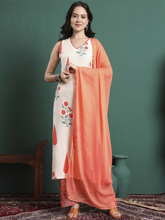 Dhiyona KL Women Floral Printed Cotton Kurta with Trousers & Dupatta