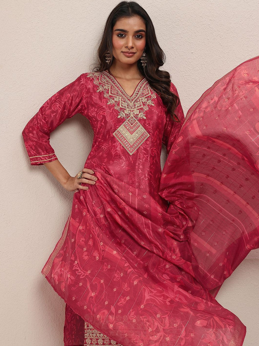Women Ethnic Motifs Printed Regular Thread Work Kurta with Trousers & With Dupatta