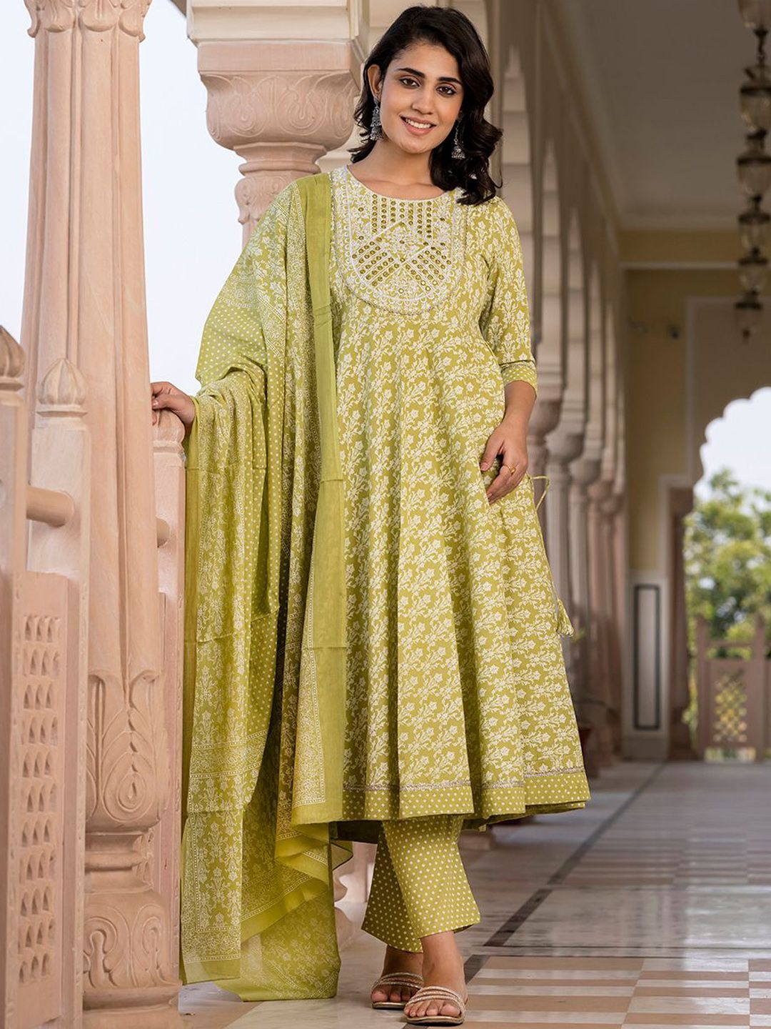 Dhiyona KL Floral Printed Mirror Work Anarkali Pure Cotton Kurta With Trousers & Dupatta
