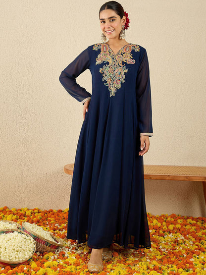 Paisley Embroidered V-Neck Georgette Anarkali Kurta with Trousers