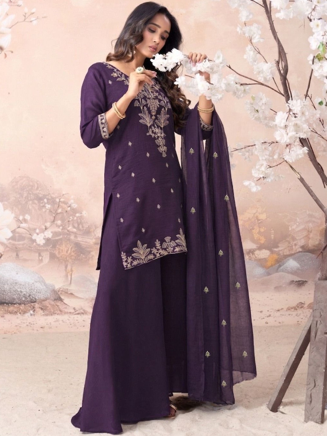 Embroidered Silk Blend Round Neck Kurta & Sharara With Dupatta
