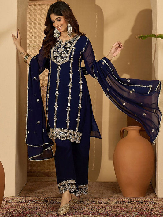 Dhiyona SN Zari Sequence Embroidered Georgette Kurta With Palazzo And Dupatta