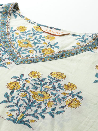 Floral Print Cotton Kurta with Trousers & Dupatta