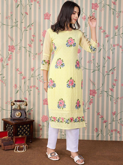 Dhiyona OD  Floral Embroidered Thread Work Floral Georgette Straight Kurta