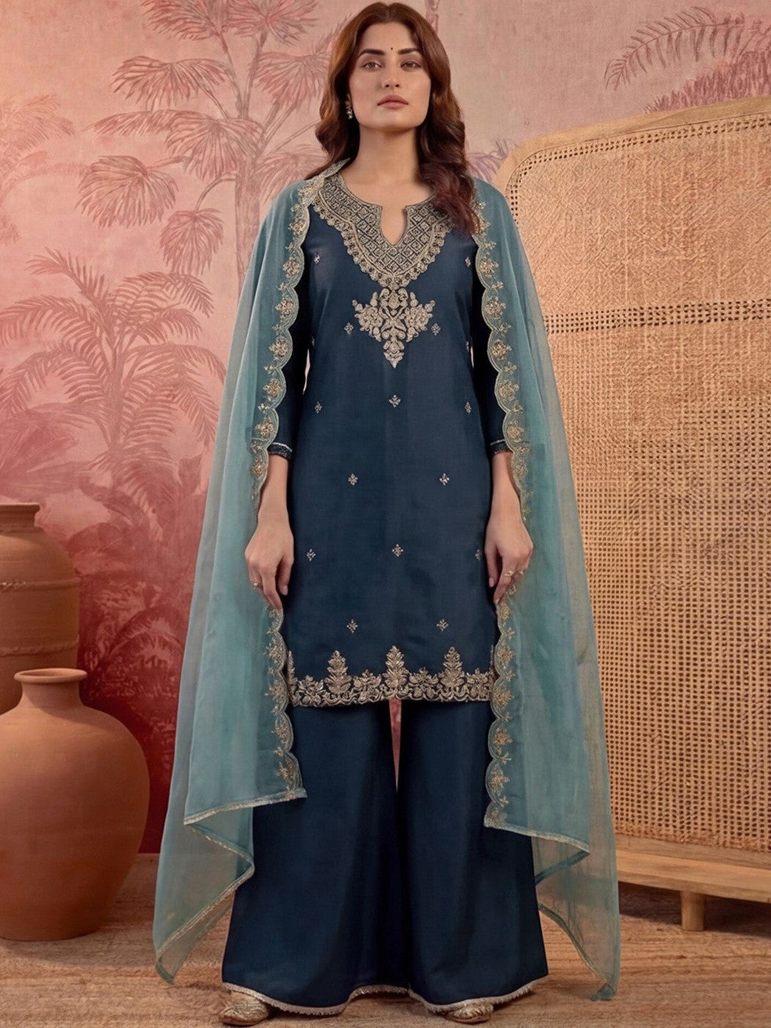 Embroidered Round Neck Kurta & Palazzos With Dupatta