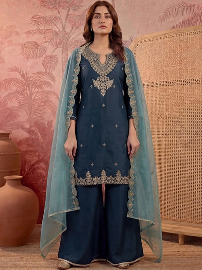 Embroidered Round Neck Kurta & Palazzos With Dupatta