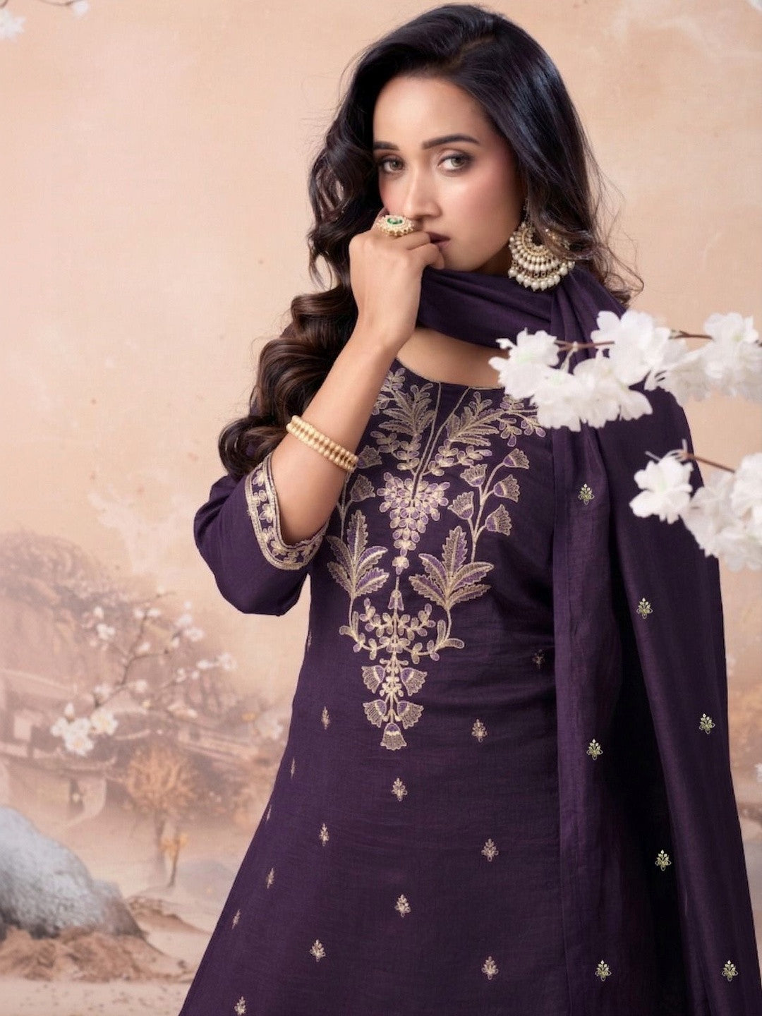 Embroidered Silk Blend Round Neck Kurta & Sharara With Dupatta