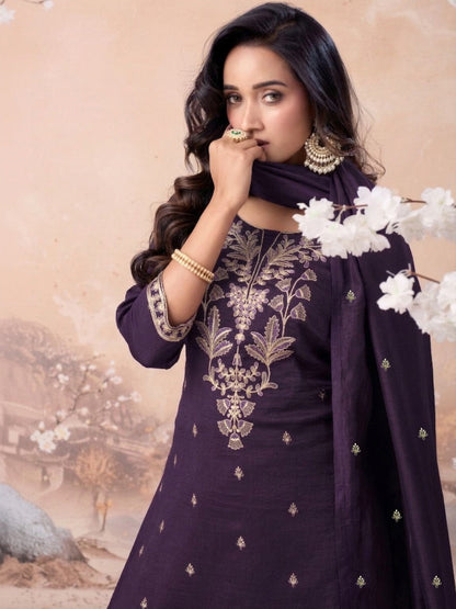 Embroidered Silk Blend Round Neck Kurta & Sharara With Dupatta