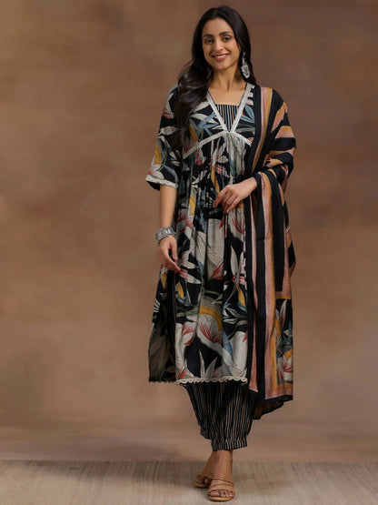 Women's LB Black Printed Silk Blend A-Line Kurta With Salwar & Dupatta