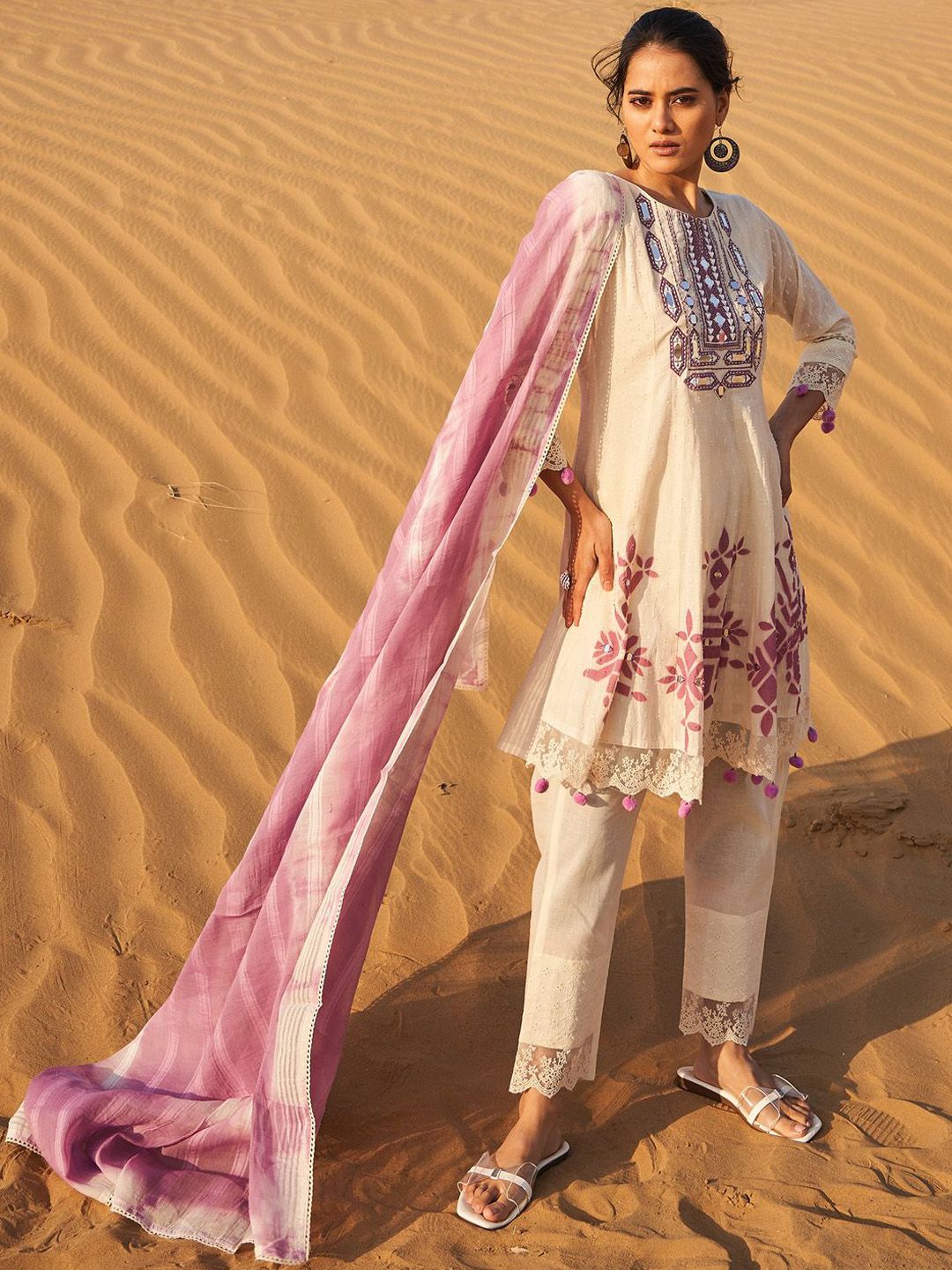 Dhiyona IE Geometric Printed Mirror Work A-Line Pure Cotton Kurta With Trousers & Dupatta